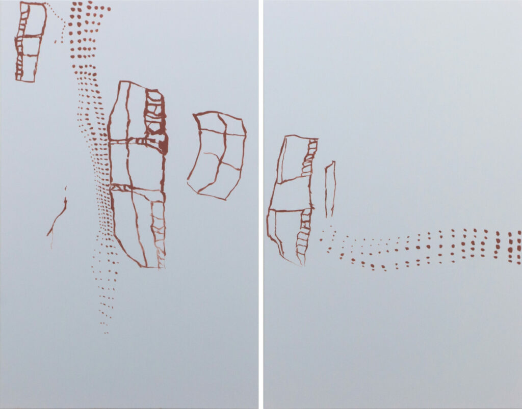 cave (trace), David Benedikt Wirth, Andalusian red ochre, saliva on canvas, Diptych, 190 x 245 cm, 2019