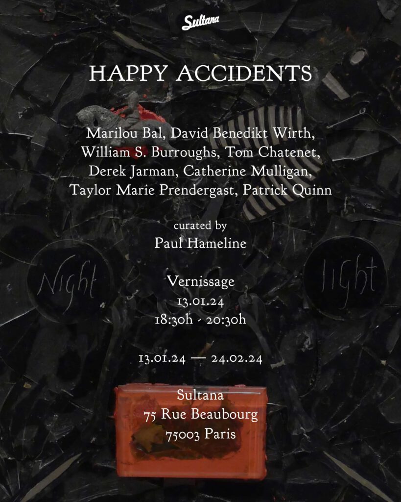 Happy Accidents - Galerie Sultana, Paris, France, 2024, group exhibition curated by Paul Hameline, with Marilou Bal, David Benedikt Wirth, William S. Burroughs, Tom Chatenet, Derek Jarman, Catherine Mulligan, Taylor Marie Pendergast, Patrick Quinn